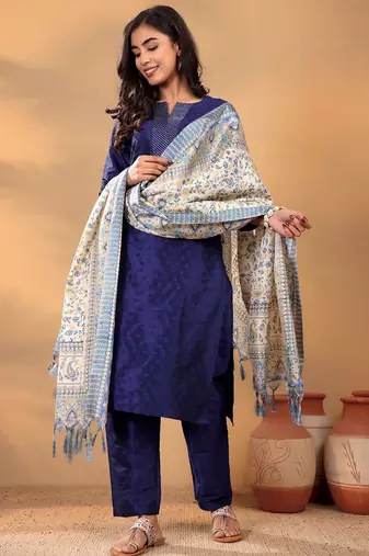 Geomertic Woven Design Notch Neck Straight Kurta With Trouser