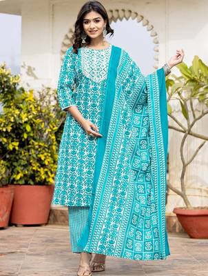 Women Ethnic Motifs Printed Kurta with Mirror Work, Printed Trousers, and Dupatta 1