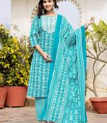 Women Ethnic Motifs Printed Kurta with Mirror Work, Printed Trousers, and Dupatta