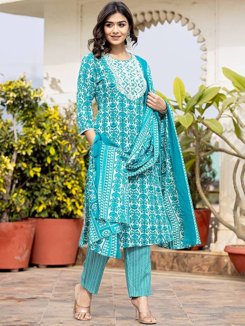 Women Ethnic Motifs Printed Kurta with Mirror Work, Printed Trousers, and Dupatta