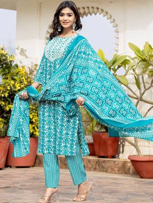Women Ethnic Motifs Printed Kurta with Mirror Work, Printed Trousers, and Dupatta 4