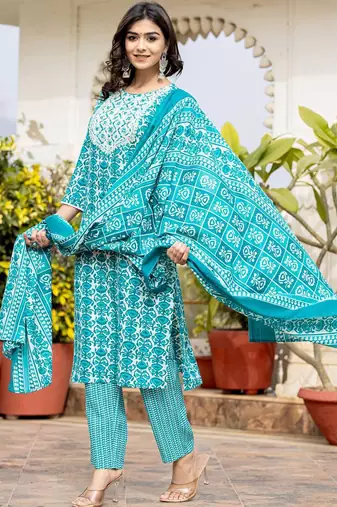 Women Ethnic Motifs Printed Kurta with Mirror Work, Printed Trousers, and Dupatta