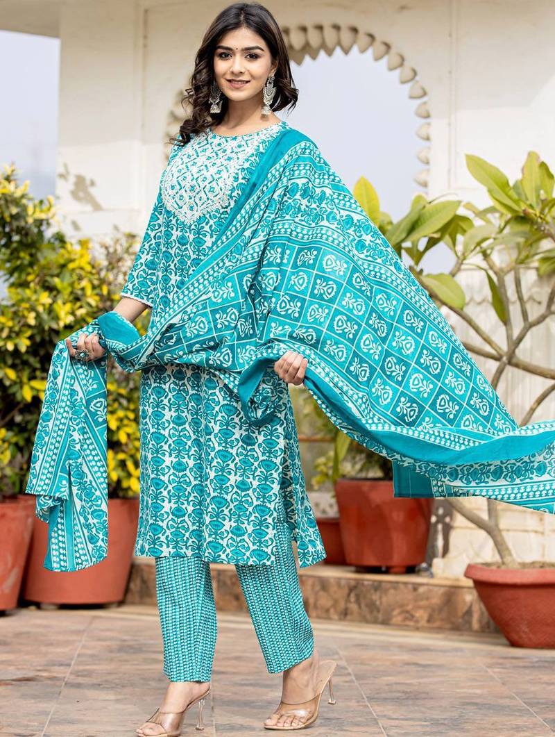 Women Ethnic Motifs Printed Kurta with Mirror Work, Printed Trousers, and Dupatta