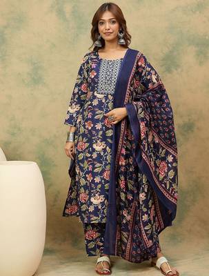 Floral Printed Thread Work Kurta With Trousers & Dupatta 1