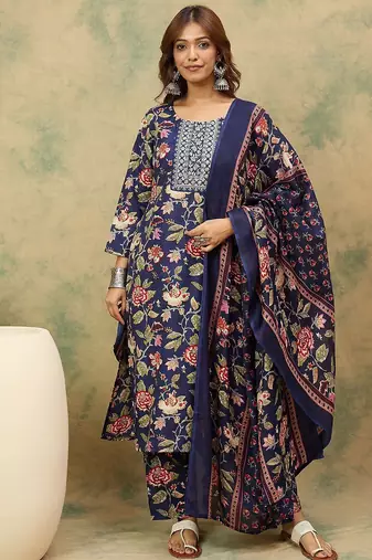 Floral Printed Thread Work Kurta With Trousers & Dupatta