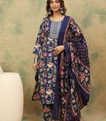 Floral Printed Thread Work Kurta With Trousers & Dupatta