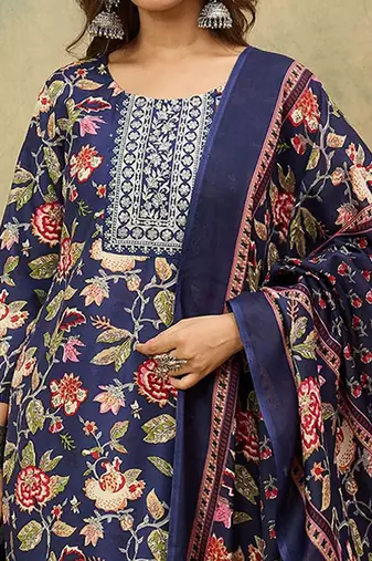 Floral Printed Thread Work Kurta With Trousers & Dupatta