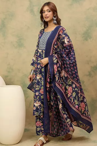 Floral Printed Thread Work Kurta With Trousers & Dupatta