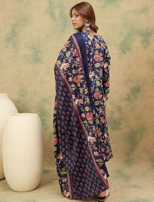 Floral Printed Thread Work Kurta With Trousers & Dupatta 5