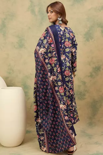 Floral Printed Thread Work Kurta With Trousers & Dupatta