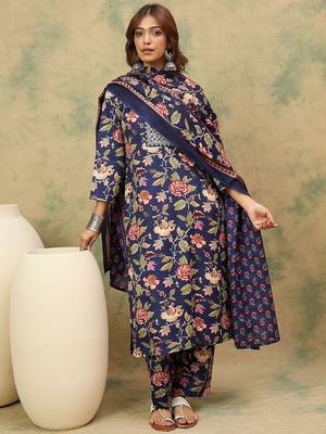 Floral Printed Thread Work Kurta With Trousers & Dupatta 6
