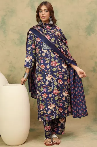 Floral Printed Thread Work Kurta With Trousers & Dupatta