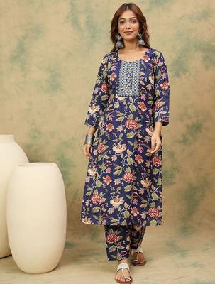 Floral Printed Thread Work Kurta With Trousers & Dupatta 7