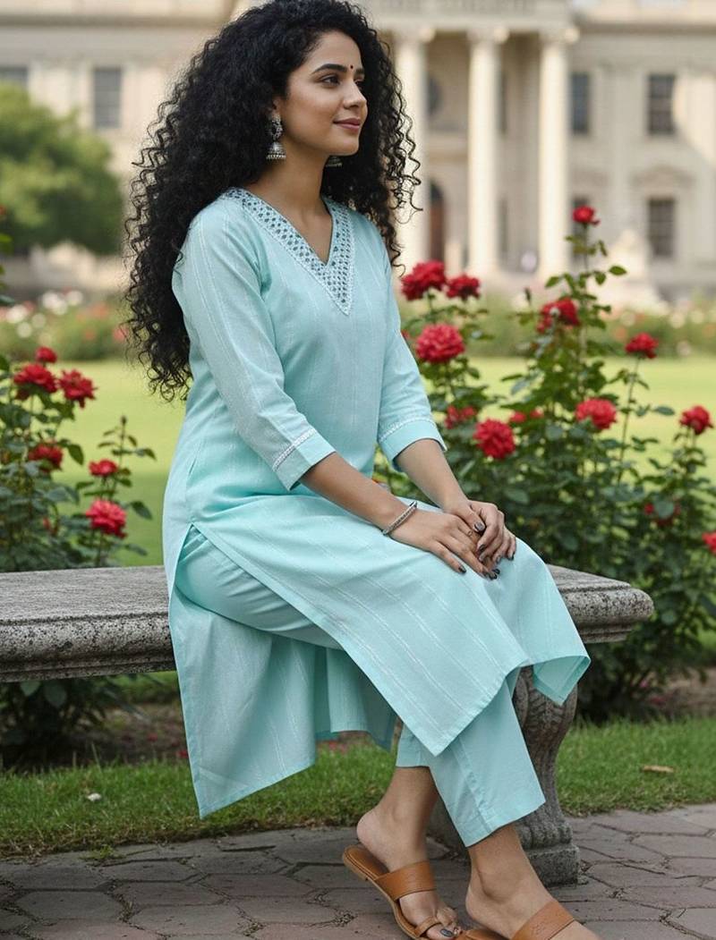 Women Striped Regular Thread Work Kurta with Trousers