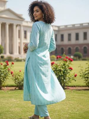 Women Striped Regular Thread Work Kurta with Trousers 2
