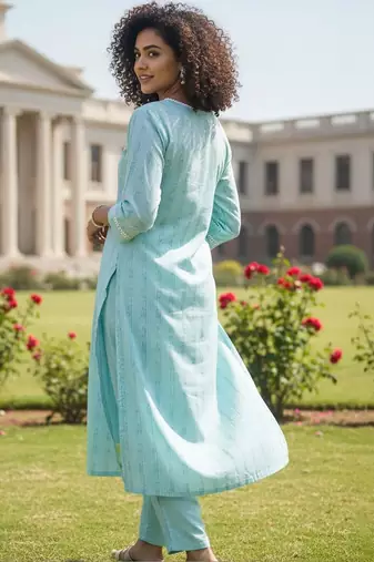 Women Striped Regular Thread Work Kurta with Trousers
