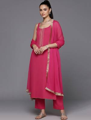 Women Regular Thread Work Silk Crepe Kurta with Trousers & With Dupatta 1