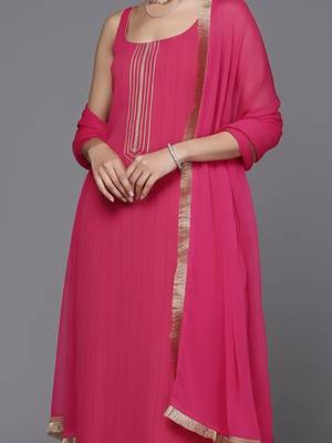 Women Regular Thread Work Silk Crepe Kurta with Trousers & With Dupatta 2
