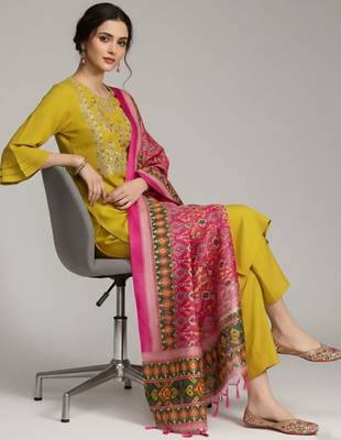 Women Ethnic Motifs Embroidered Regular Thread Work Pure Cotton Kurta with Trousers & With Dupatta 1