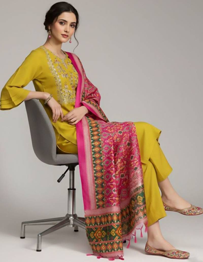 Women Ethnic Motifs Embroidered Regular Thread Work Pure Cotton Kurta with Trousers & With Dupatta