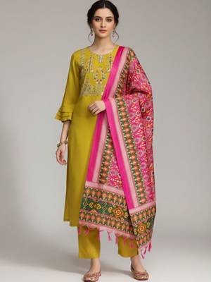 Women Ethnic Motifs Embroidered Regular Thread Work Pure Cotton Kurta with Trousers & With Dupatta 2
