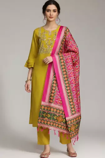 Women Ethnic Motifs Embroidered Regular Thread Work Pure Cotton Kurta with Trousers & With Dupatta