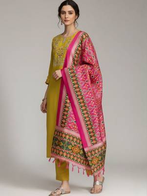 Women Ethnic Motifs Embroidered Regular Thread Work Pure Cotton Kurta with Trousers & With Dupatta 4