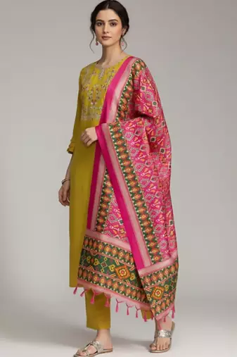 Women Ethnic Motifs Embroidered Regular Thread Work Pure Cotton Kurta with Trousers & With Dupatta