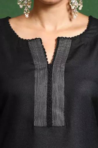 Thread Work Notch Neck Straight Kurta With Trousers And Dupatta