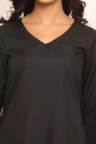 Black V-Neck Three-Quarter Sleeves Straight Kurta With Trousers & Dupatta