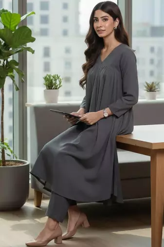 Women Empire Silk Crepe Kurta with Trousers