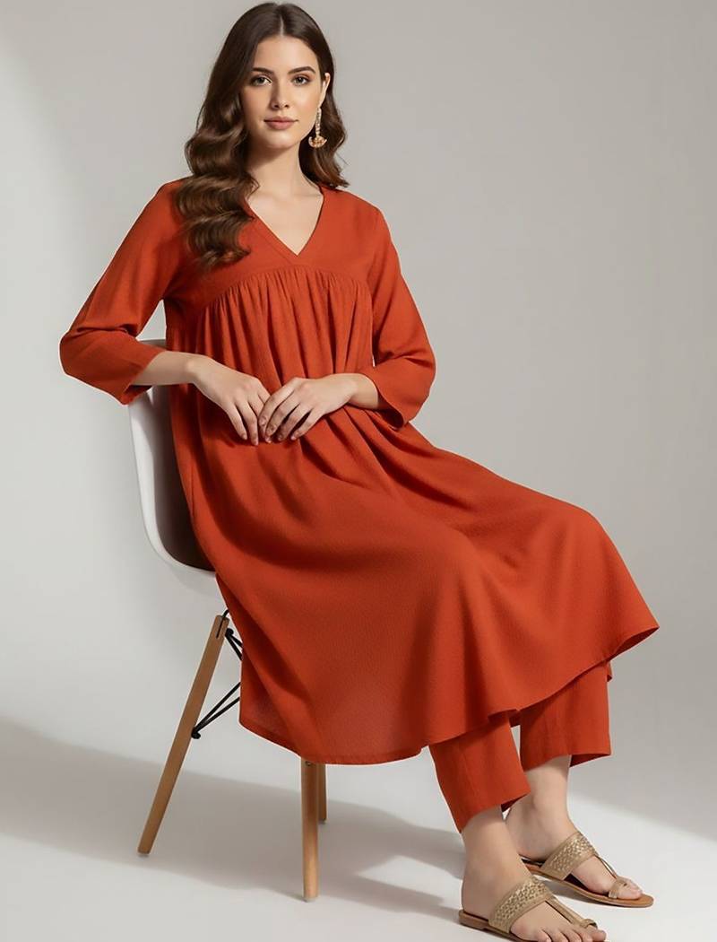 Women Empire Silk Crepe Kurta with Trousers