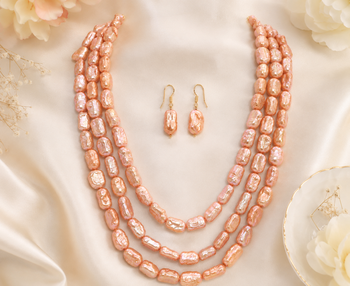 Pink baroque pearl 3-layer necklace and earrings jewellery set freshwater pearls, gold-tone hooks, iridescent lustre. 1