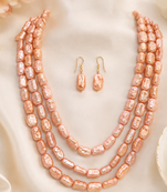 Pink baroque pearl 3-layer necklace and earrings jewellery set freshwater pearls, gold-tone hooks, iridescent lustre.