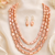 Pink baroque pearl 3-layer necklace and earrings jewellery set freshwater pearls, gold-tone hooks, iridescent lustre.