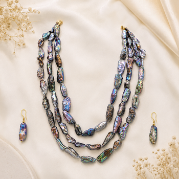 Baroque freshwater pearl 3-layer necklace and earrings set iridescent multicolour, baroque pearl drops. 1