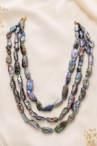 Baroque freshwater pearl 3-layer necklace and earrings set iridescent multicolour, baroque pearl drops.