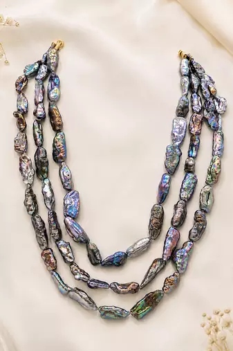 Baroque freshwater pearl 3-layer necklace and earrings set iridescent multicolour, baroque pearl drops.