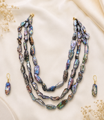 Baroque freshwater pearl 3-layer necklace and earrings set iridescent multicolour, baroque pearl drops.