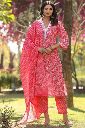 Floral Printed Regular Straight Kurta with trousers & with Dupatta