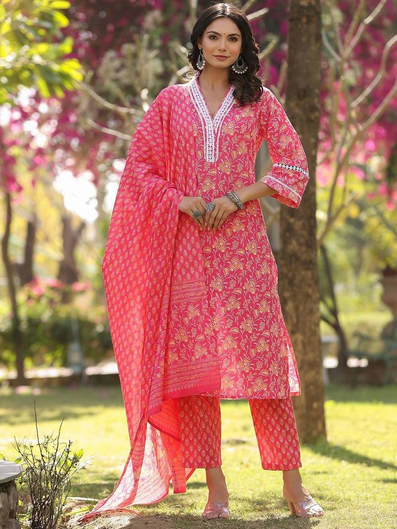 Floral Printed Regular Straight Kurta with trousers & with Dupatta