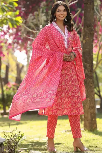 Floral Printed Regular Straight Kurta with trousers & with Dupatta