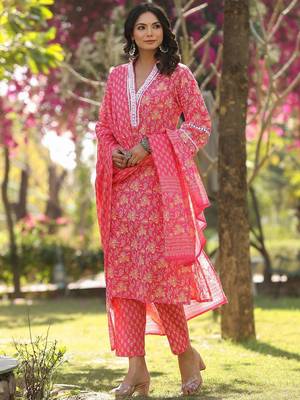 Floral Printed Regular Straight Kurta with trousers & with Dupatta 4