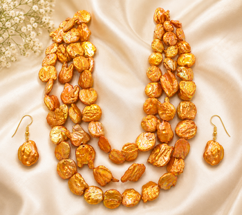 Orange baroque pearl 3-layer necklace and earrings jewellery set freshwater pearls, gold-tone hooks, iridescent finish 1