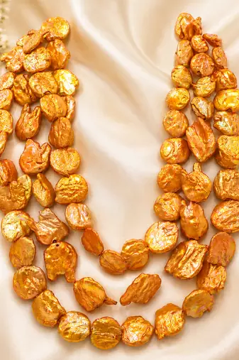 Orange baroque pearl 3-layer necklace and earrings jewellery set freshwater pearls, gold-tone hooks, iridescent finish