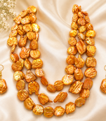 Orange baroque pearl 3-layer necklace and earrings jewellery set freshwater pearls, gold-tone hooks, iridescent finish