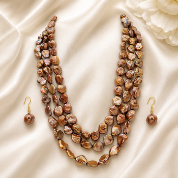 Brown baroque freshwater pearl 3-layer necklace and earring set keshi pearl beads, gold-tone hook earrings. 1