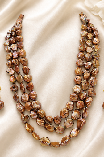 Brown baroque freshwater pearl 3-layer necklace and earring set keshi pearl beads, gold-tone hook earrings.