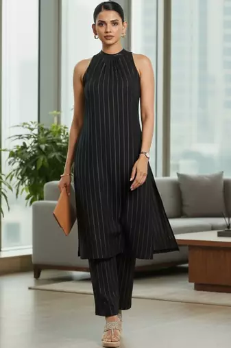 Women Printed Regular Silk Crepe Kurta with Trousers