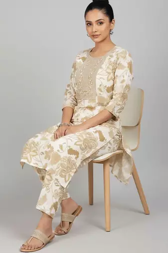 Women Floral Printed Regular Thread Work Kurta with Trousers